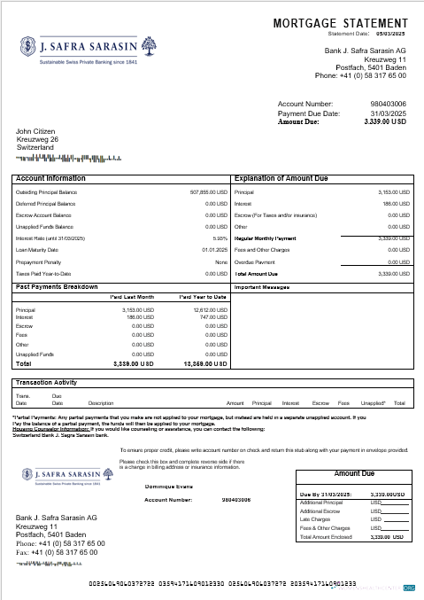 Download Switzerland Bank J. Safra Sarasin bank mortgage statement in Word and PDF formats Photoshop template